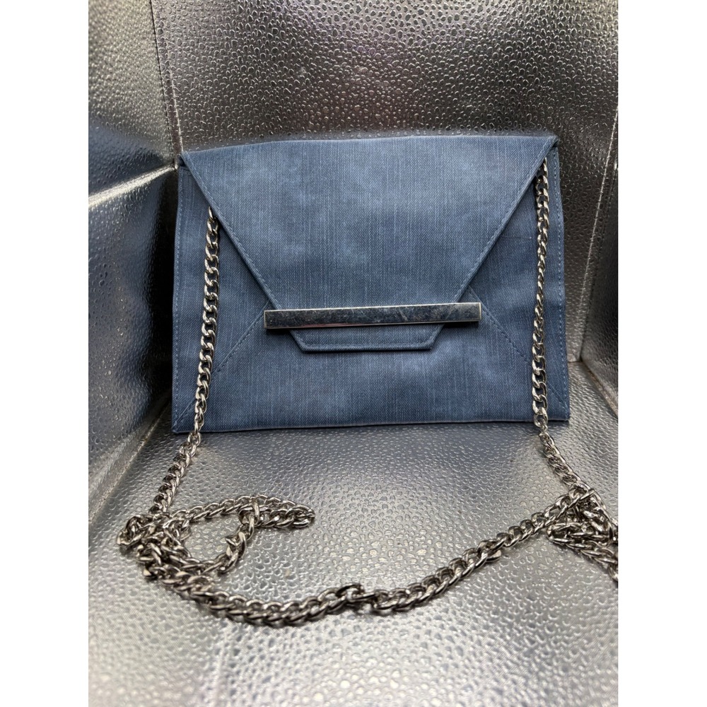 Mossimo Blue Denim Textured Envelope Clutch Silver Metal Bar Chain Crossbody Bag